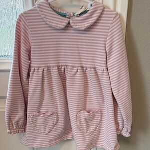💕Mini Boden Pink & White Striped Long Sleeve Tunic with Heart Pockets